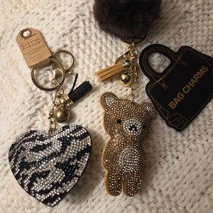 Crystal Avenue Heart and Bear Bag Charms - Black and Gold